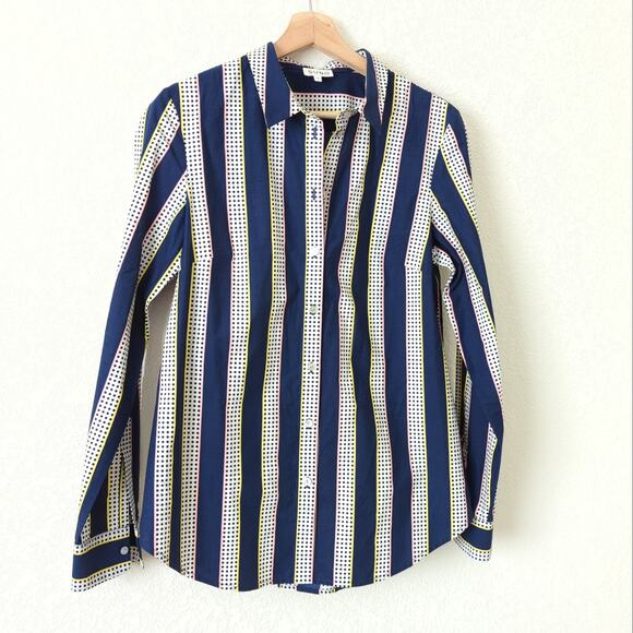SUNO Women's Striped Dot Button Down Shirt Blue Pink White Long Sleeve 10 $450 - Picture 5 of 7